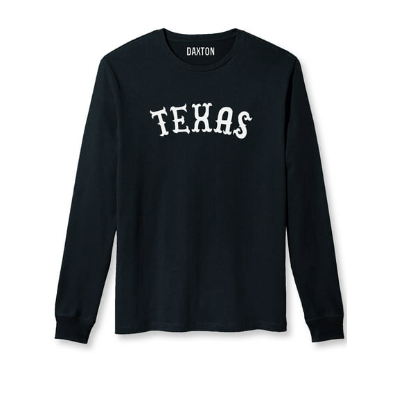 Daxton Retro Texas Arch Font Long Sleeves T Shirt Soft Medium Weight Cotton, Black Tee White Font, S