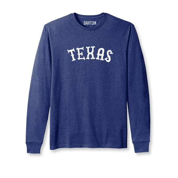 Daxton Retro Texas Arch Font Long Sleeves T Shirt Soft Medium Weight Cotton, Heather Navy Tee White Font, 3XL