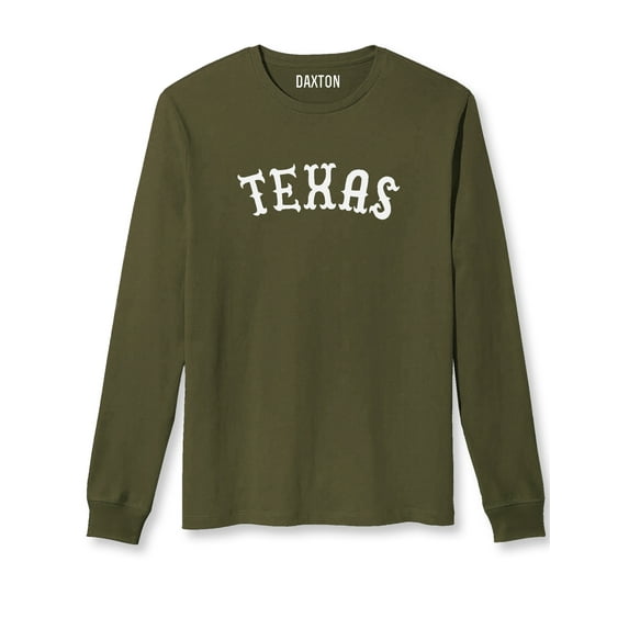 Daxton Retro Texas Arch Font Long Sleeves T Shirt Soft Medium Weight Cotton, Olive Tee White Font, 1XL