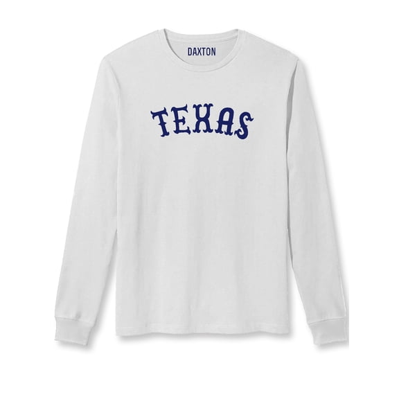 Daxton Retro Texas Arch Font Long Sleeves T Shirt Soft Medium Weight Cotton, White Tee Navy Font, 1XL