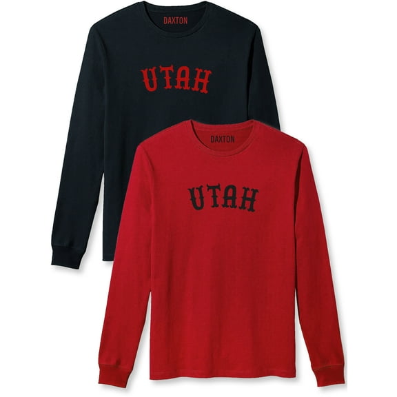 Daxton Retro Utah Arch Font Long Sleeves T Shirt Soft Medium Weight Cotton, 2Pk Black Red Red Black, L