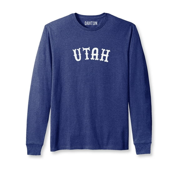 Daxton Retro Utah Arch Font Long Sleeves T Shirt Soft Medium Weight Cotton, Heather Navy Tee White Font, XS