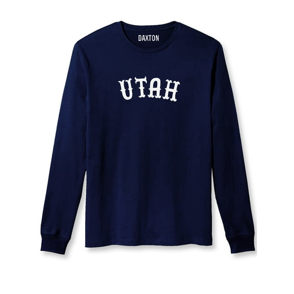 Daxton Retro Utah Arch Font Long Sleeves T Shirt Soft Medium Weight Cotton, Navy Tee White Font, M