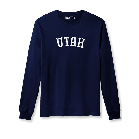 Daxton Retro Utah Arch Font Long Sleeves T Shirt Soft Medium Weight Cotton, Navy Tee White Font, S