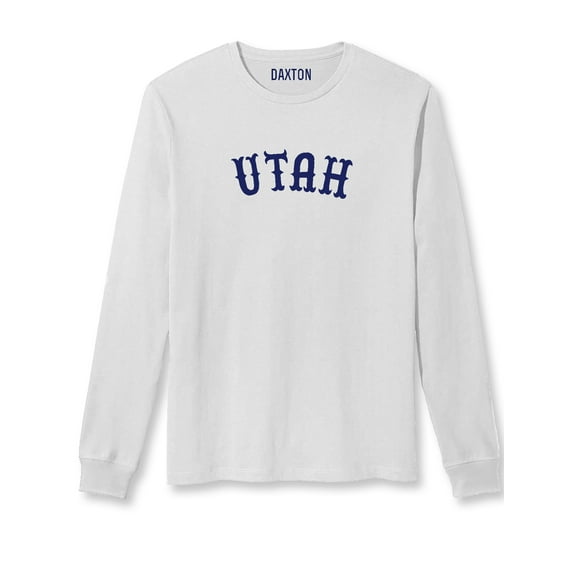 Daxton Retro Utah Arch Font Long Sleeves T Shirt Soft Medium Weight Cotton, White Tee Navy Font, M