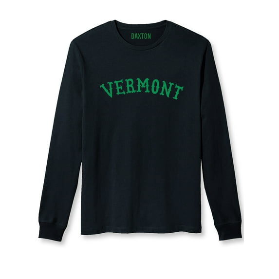 Daxton Retro Vermont Arch Font Long Sleeves T Shirt Soft Medium Weight Cotton, Black Tee Green Font, XS