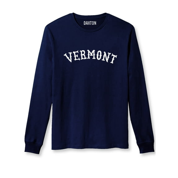Daxton Retro Vermont Arch Font Long Sleeves T Shirt Soft Medium Weight Cotton, Navy Tee White Font, L