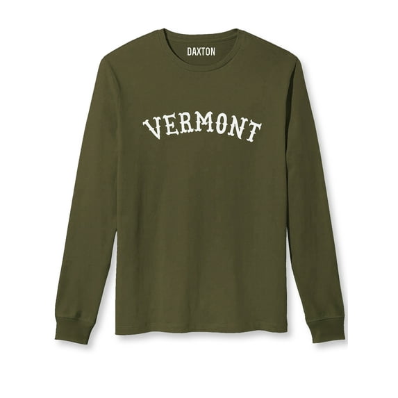 Daxton Retro Vermont Arch Font Long Sleeves T Shirt Soft Medium Weight Cotton, Olive Tee White Font, 3XL