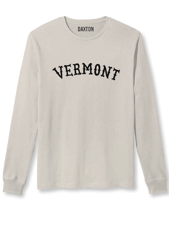 Retro Vermont Arch Font Long Sleeves T Shirt Soft Medium Weight Cotton, Vintage Tee Black Font, XS