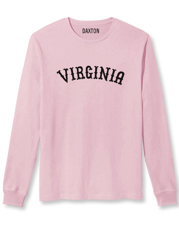 Retro Virginia Arch Font Long Sleeves T Shirt Soft Medium Weight Cotton, Pink Tee Black Font, L
