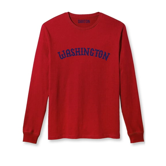 Daxton Retro Washington Arch Font Long Sleeves T Shirt Soft Med Weight Cotton, Red Tee Navy Font, 2XL