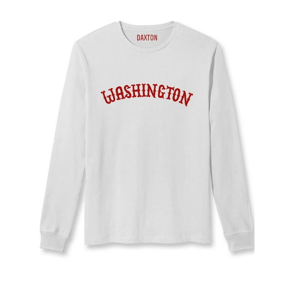 Daxton Retro Washington Arch Font Long Sleeves T Shirt Soft Med Weight Cotton, White Tee Red Font, 1XL
