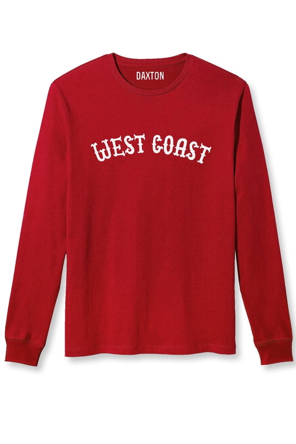 Retro West Coast Arch Font Long Sleeves T Shirt Soft Med Weight Cotton, Red Tee White Font, S