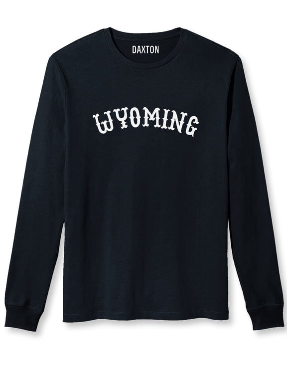 Retro Wyoming Arch Font Long Sleeves T Shirt Soft Medium Weight Cotton, Black Tee White Font, 1XL