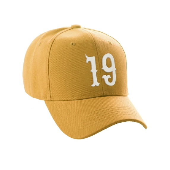 Daxton StructuWhite Baseball Hat Cap Curved Visor Vintage Custom Number, Gold Hat, White Number 19