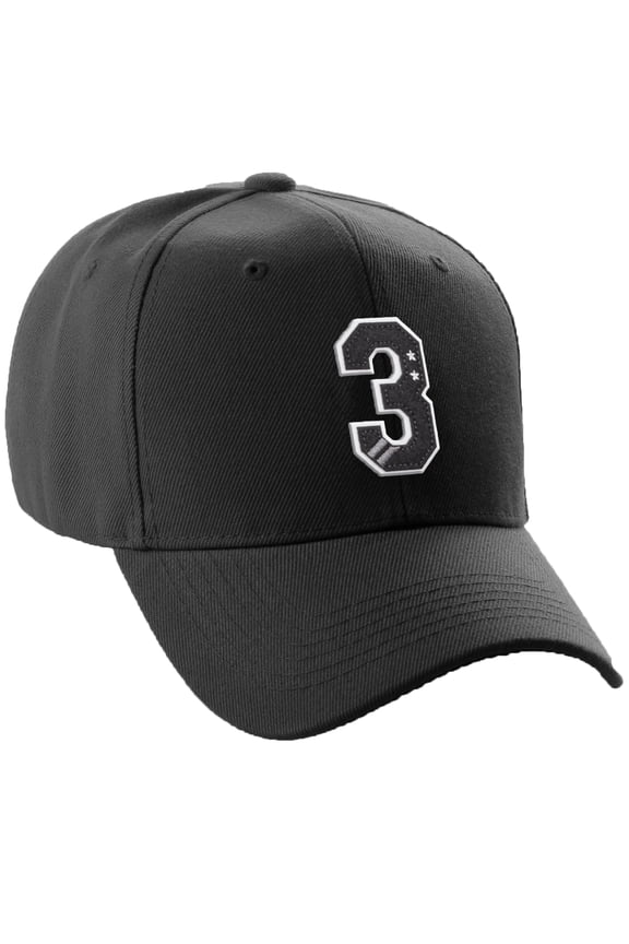 Structured Baseball Hat Cap 3D Alphabet A to Z Letter Number Initial-Black, Number 3