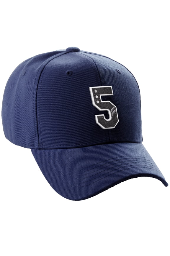 Structured Baseball Hat Cap 3D Alphabet A to Z Letter Number Initial-Navy, Number 5