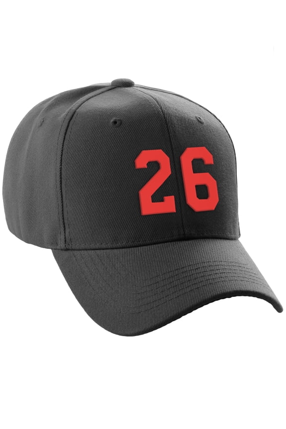 Structured Baseball Hat Cap Curved Visor Custom Team Number - Black Hat, Red 26
