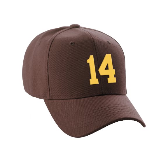 Daxton Structured Baseball Hat Cap Curved Visor Custom Team Number - Brown Hat, Gold 14