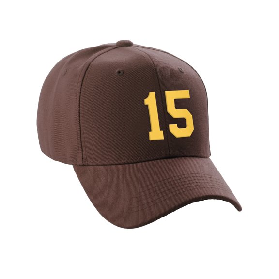 Daxton Structured Baseball Hat Cap Curved Visor Custom Team Number - Brown Hat, Gold 15
