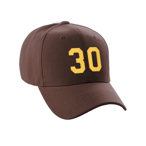 Daxton Structured Baseball Hat Cap Curved Visor Custom Team Number - Brown Hat, Gold 30