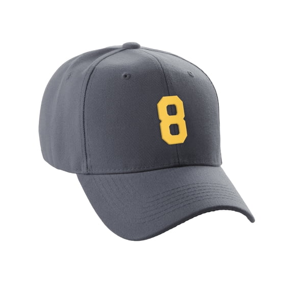 Daxton Structured Baseball Hat Cap Curved Visor Custom Team Number - Charcoal Hat, Gold 8