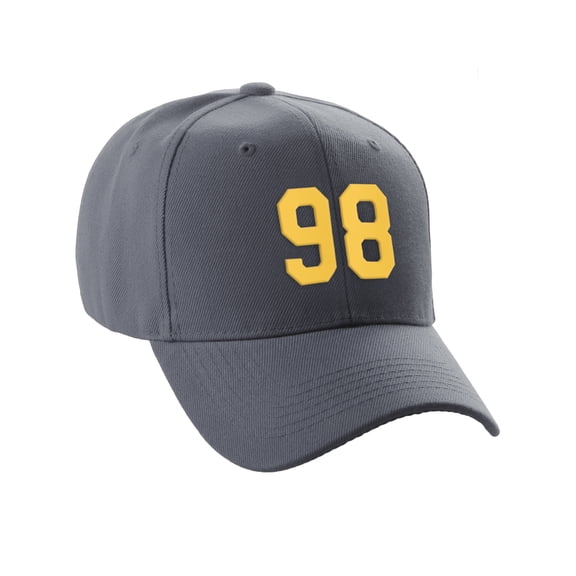 Daxton Structured Baseball Hat Cap Curved Visor Custom Team Number - Charcoal Hat, Gold 98