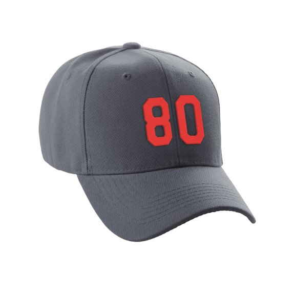 Daxton Structured Baseball Hat Cap Curved Visor Custom Team Number - Charcoal Hat, Red 80