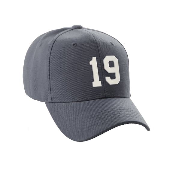 Daxton Structured Baseball Hat Cap Curved Visor Custom Team Number - Charcoal Hat,White 19