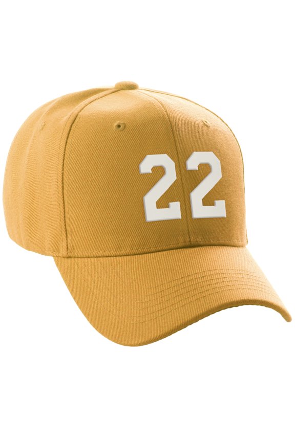 Structured Baseball Hat Cap Curved Visor Custom Team Number - Gold Hat,White 22