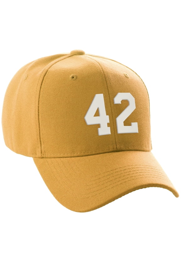 Structured Baseball Hat Cap Curved Visor Custom Team Number - Gold Hat,White 42