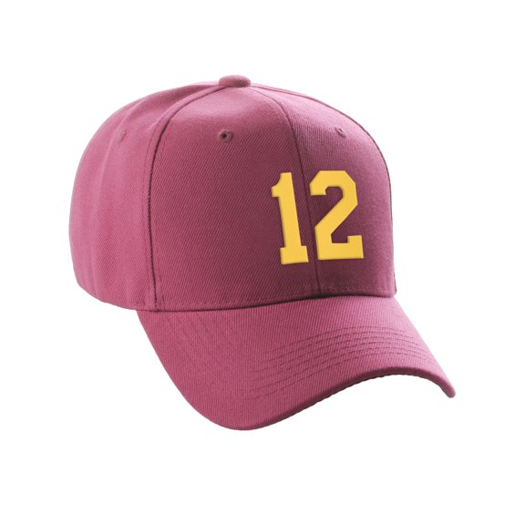 Daxton Structured Baseball Hat Cap Curved Visor Custom Team Number - Hot Pink Hat, Gold 12