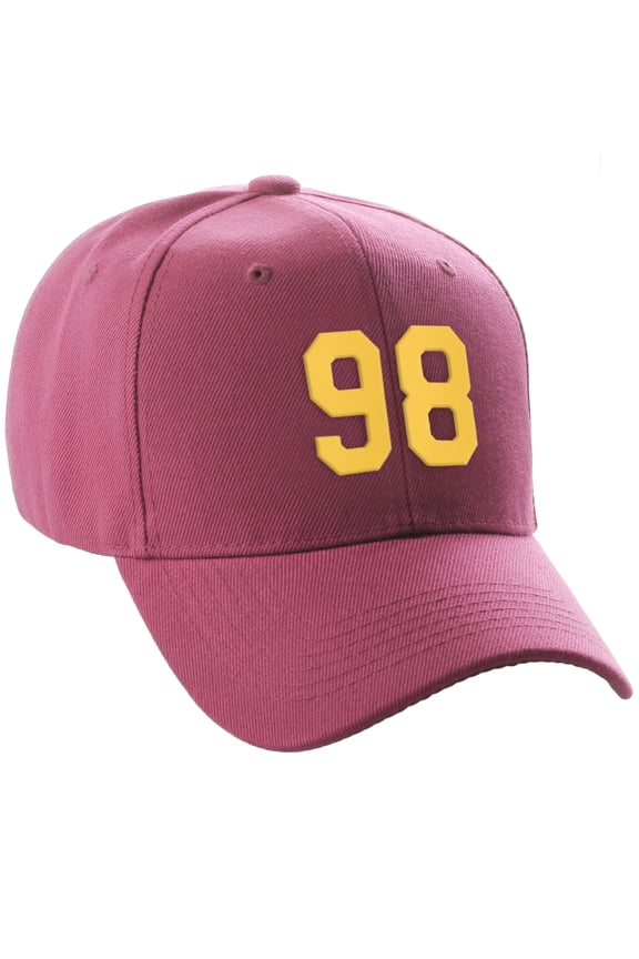 Structured Baseball Hat Cap Curved Visor Custom Team Number - Hot Pink Hat, Gold 98