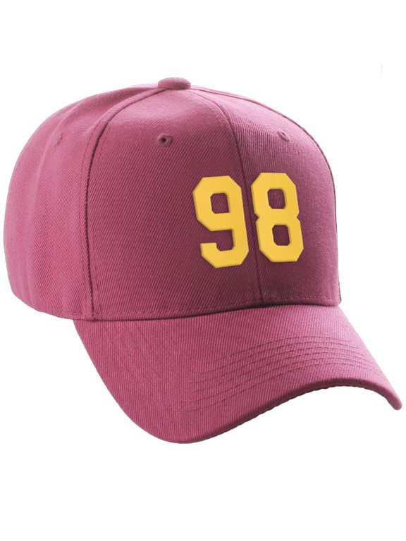 Structured Baseball Hat Cap Curved Visor Custom Team Number - Hot Pink Hat, Gold 98