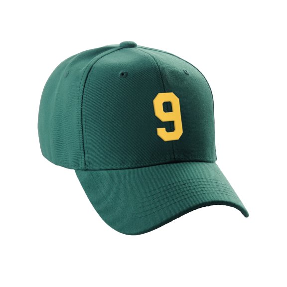 Daxton Structured Baseball Hat Cap Curved Visor Custom Team Number - Hunter Hat, Gold 9