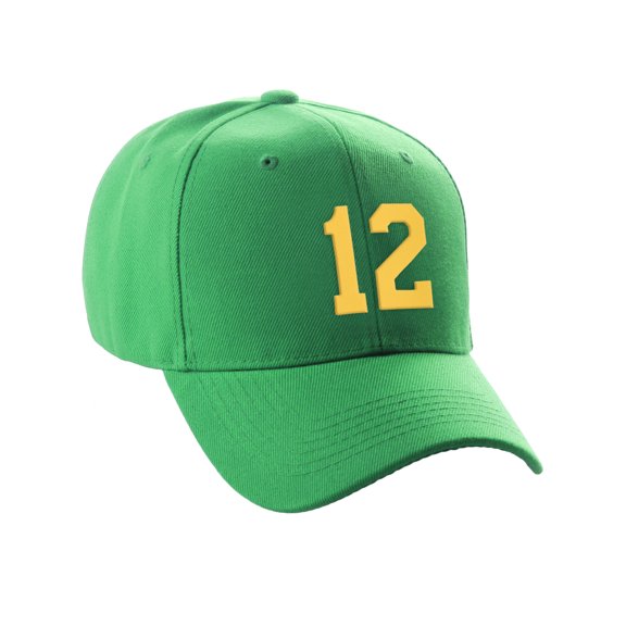Daxton Structured Baseball Hat Cap Curved Visor Custom Team Number - Kelly Hat, Gold 12