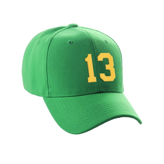 Daxton Structured Baseball Hat Cap Curved Visor Custom Team Number - Kelly Hat, Gold 13