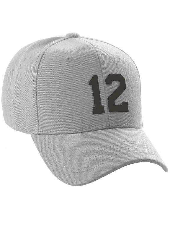 Structured Baseball Hat Cap Curved Visor Custom Team Number - Light Grey Hat, Black 12