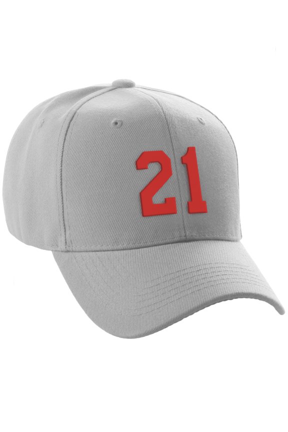 Structured Baseball Hat Cap Curved Visor Custom Team Number - Light Grey Hat, Red 21