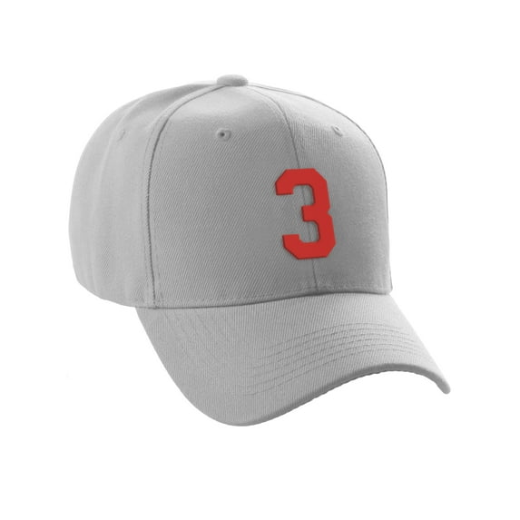 Daxton Structured Baseball Hat Cap Curved Visor Custom Team Number - Light Grey Hat, Red 3