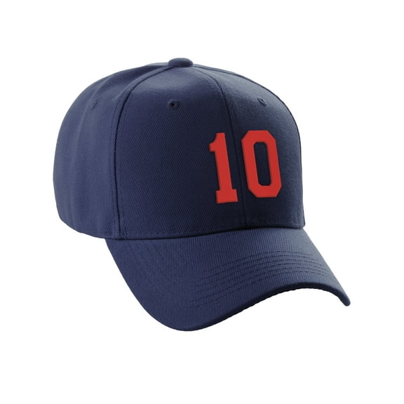 Daxton Structured Baseball Hat Cap Curved Visor Custom Team Number - Navy Hat, Red 10