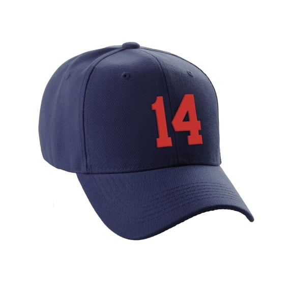 Daxton Structured Baseball Hat Cap Curved Visor Custom Team Number - Navy Hat, Red 14