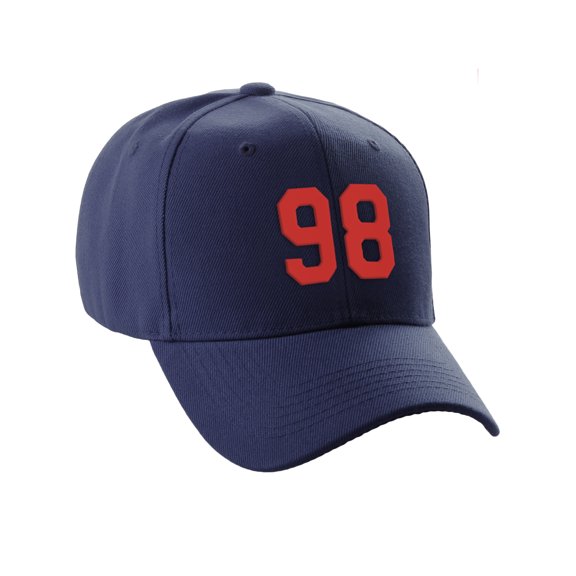 Daxton Structured Baseball Hat Cap Curved Visor Custom Team Number - Navy Hat, Red 98