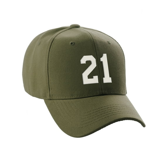 Daxton Structured Baseball Hat Cap Curved Visor Custom Team Number - Olive Hat,White 21