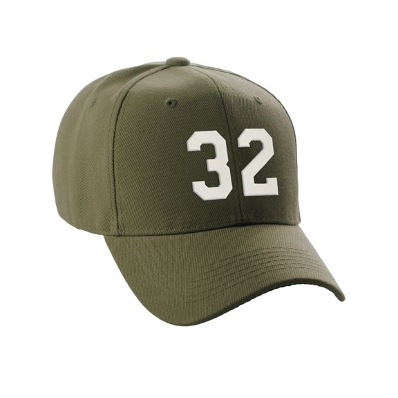 Daxton Structured Baseball Hat Cap Curved Visor Custom Team Number - Olive Hat,White 32