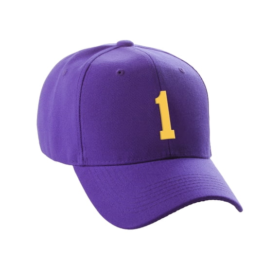 Daxton Structured Baseball Hat Cap Curved Visor Custom Team Number - Purple Hat, Gold 1