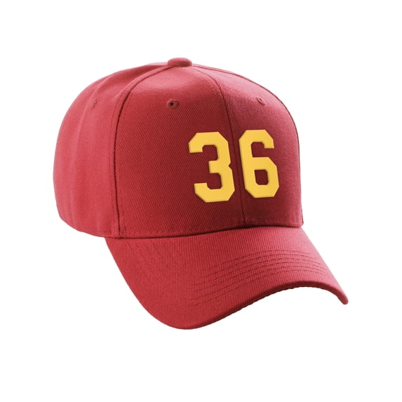 Daxton Structured Baseball Hat Cap Curved Visor Custom Team Number - Red Hat, Gold 36