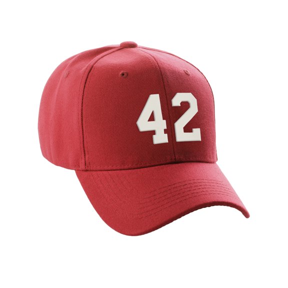 Daxton Structured Baseball Hat Cap Curved Visor Custom Team Number - Red Hat,White 42
