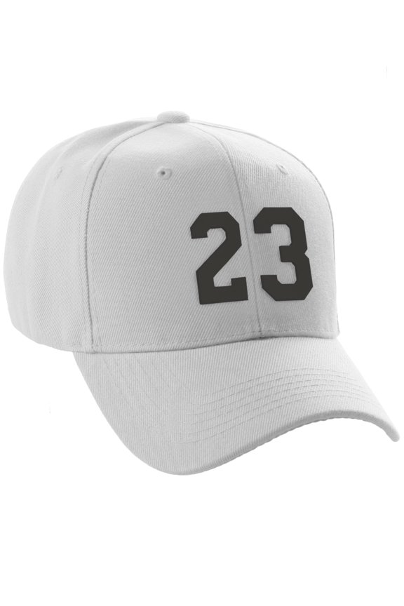 Structured Baseball Hat Cap Curved Visor Custom Team Number - White Hat, Black 23