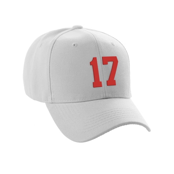 Daxton Structured Baseball Hat Cap Curved Visor Custom Team Number - White Hat, Red 17